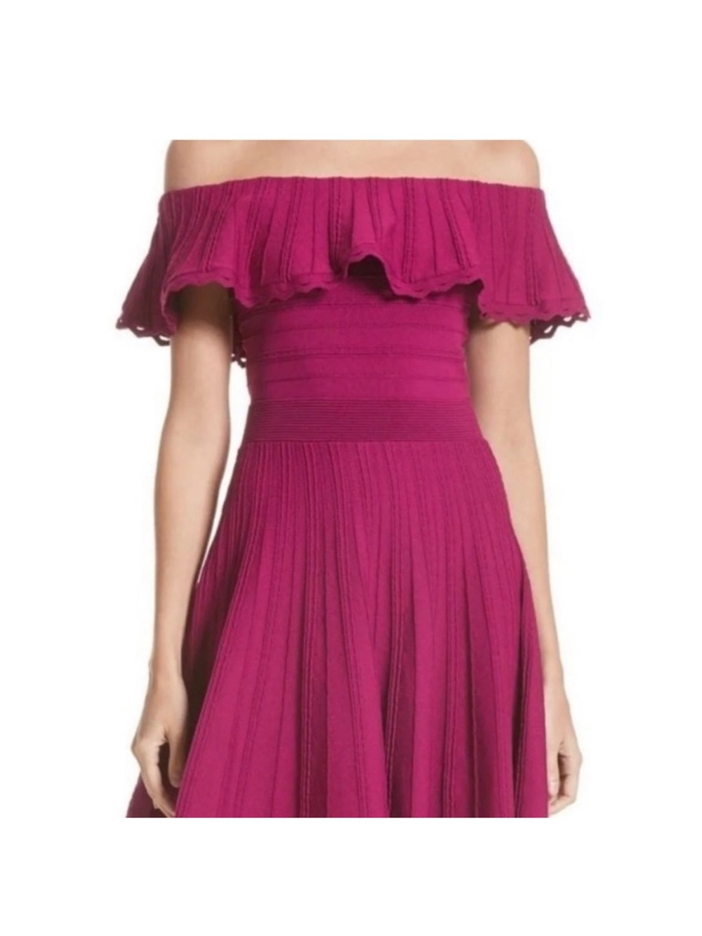Ted Baker Off-Shoulder Ruffled Midi Dress in Fuchsia